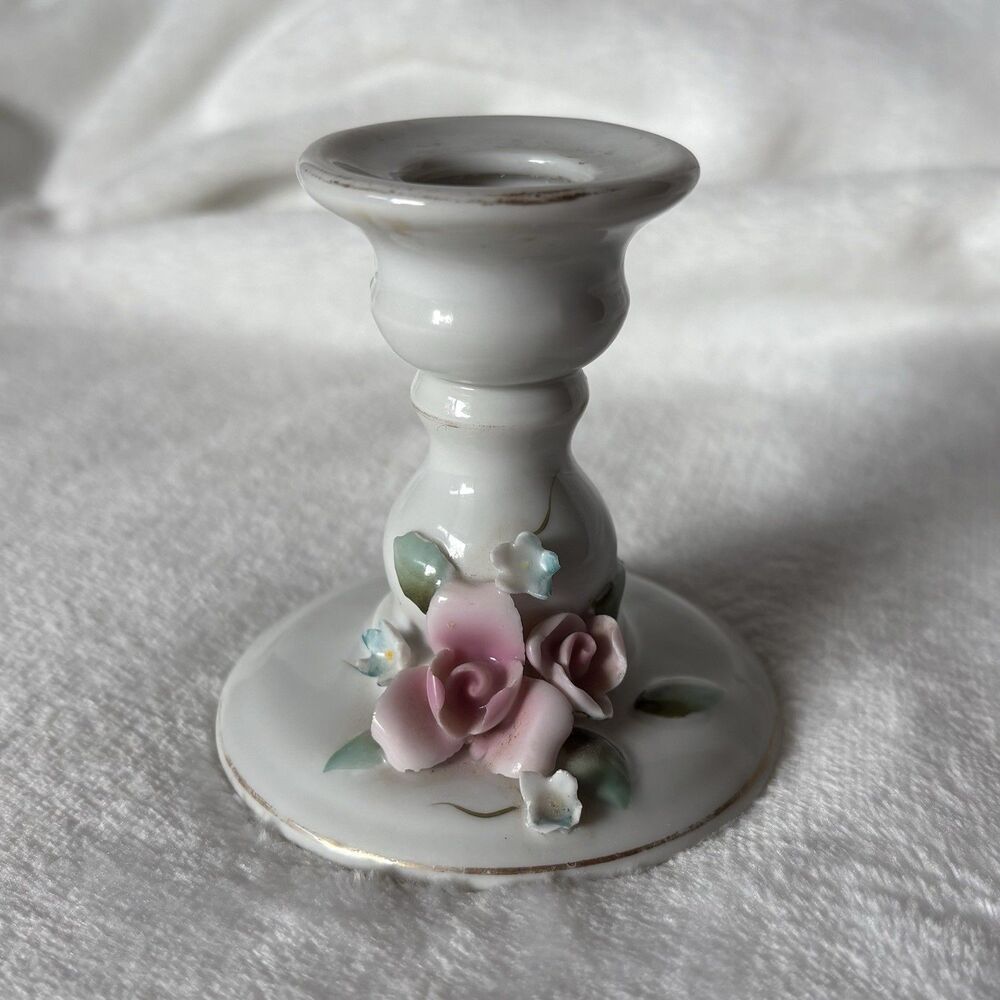 Vintage Cottage Style Rose Porcelain Candlestick Holder